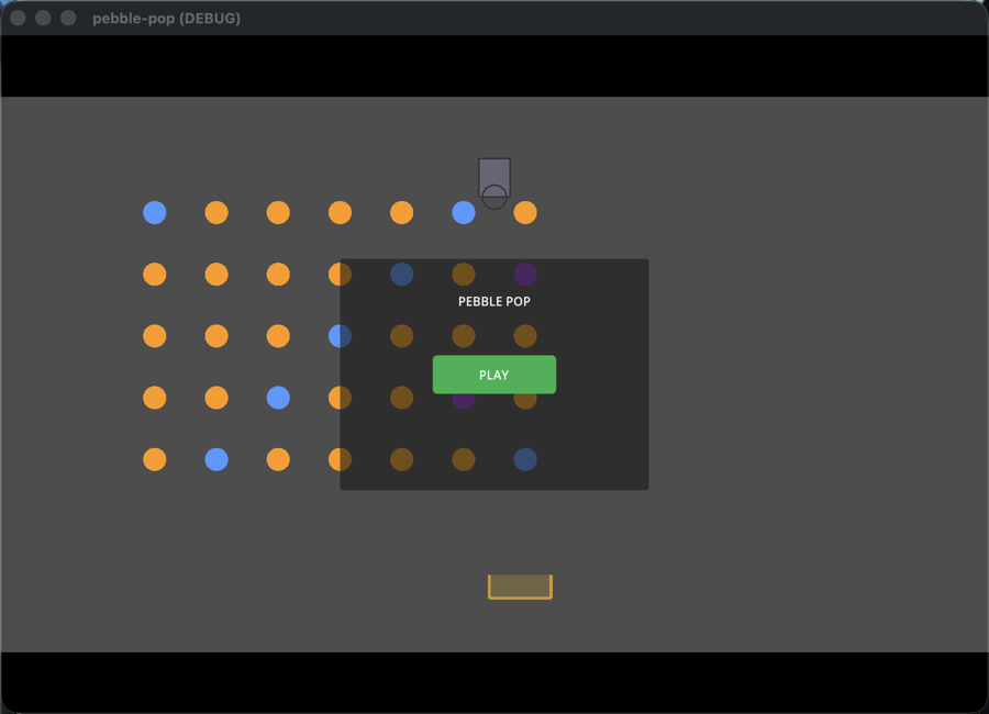 Pebble Pop menu screenshot with peg board, bucket, title, and play button
