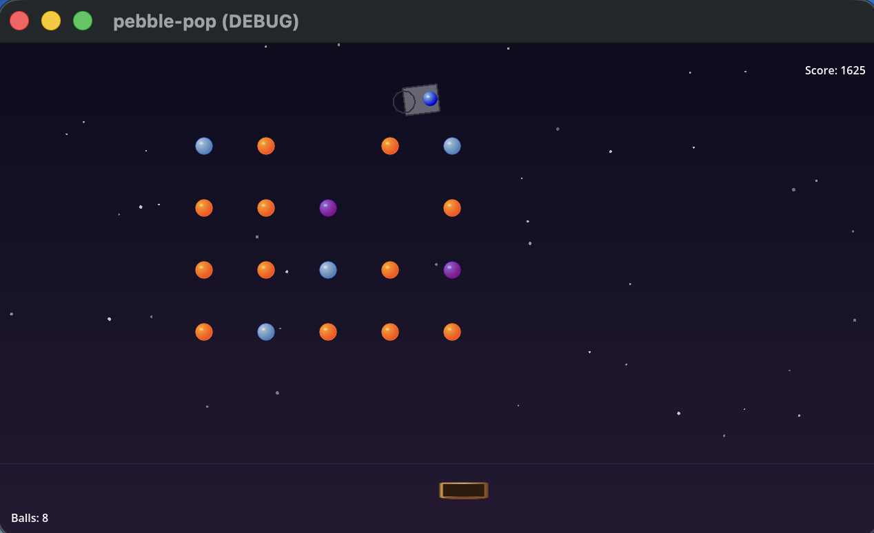 Polished Pebble Pop gameplay screenshot with starfield, colored pegs, shooter, bucket, score, and ball count